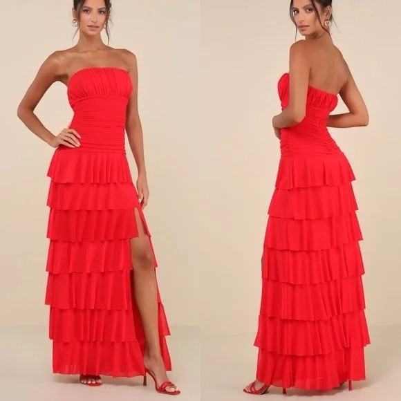 Lulus Dresses & Skirts - Lulus Exceptional Existence Red Mesh Ruched Tiered Maxi Dress‎